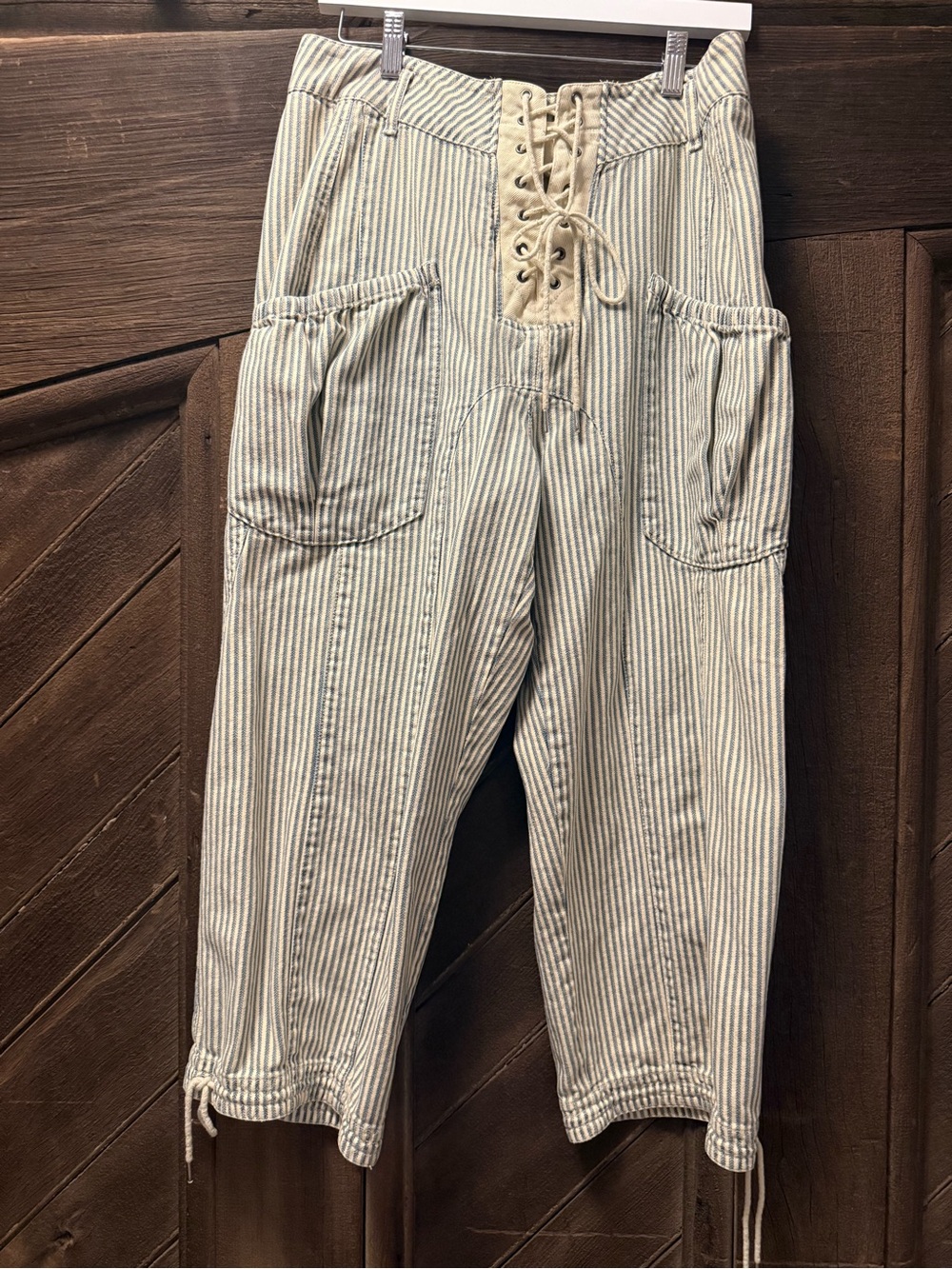 Free People Cream and Blue Striped Lace-Up Cropped Jeans